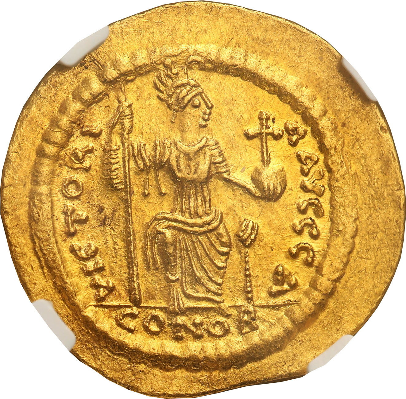 Bizancjum. Justin II (565-578). Solidus 567-578, Konstantynopol NGC MS 5/5 4/5